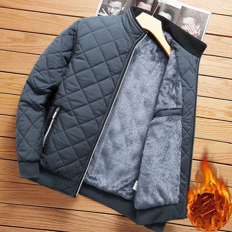 Men's bomber jacket black diamond pattern quilted fall winter premium slim-fit warm outerwear