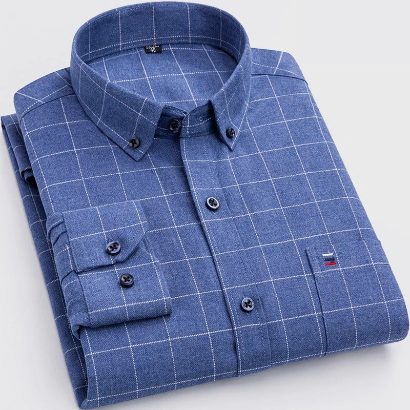 Men's blue checkered button-down shirt relaxed fit plaid pattern for casual and semi-formal wear