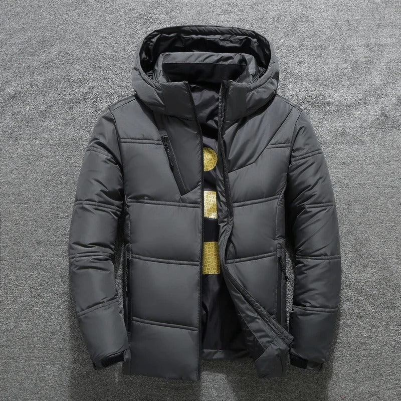 Men's black hooded puffer jacket quilted design with front zipper closure for cold weather