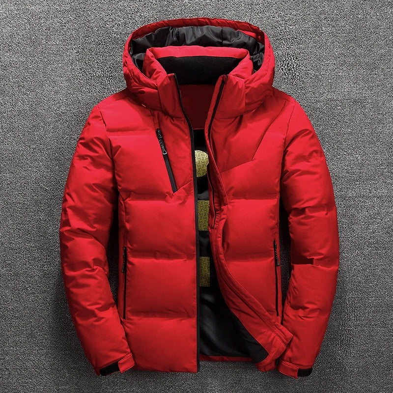 Men's black quilted puffer jacket with zipper hood, slim fit design for cold weather everyday wear
