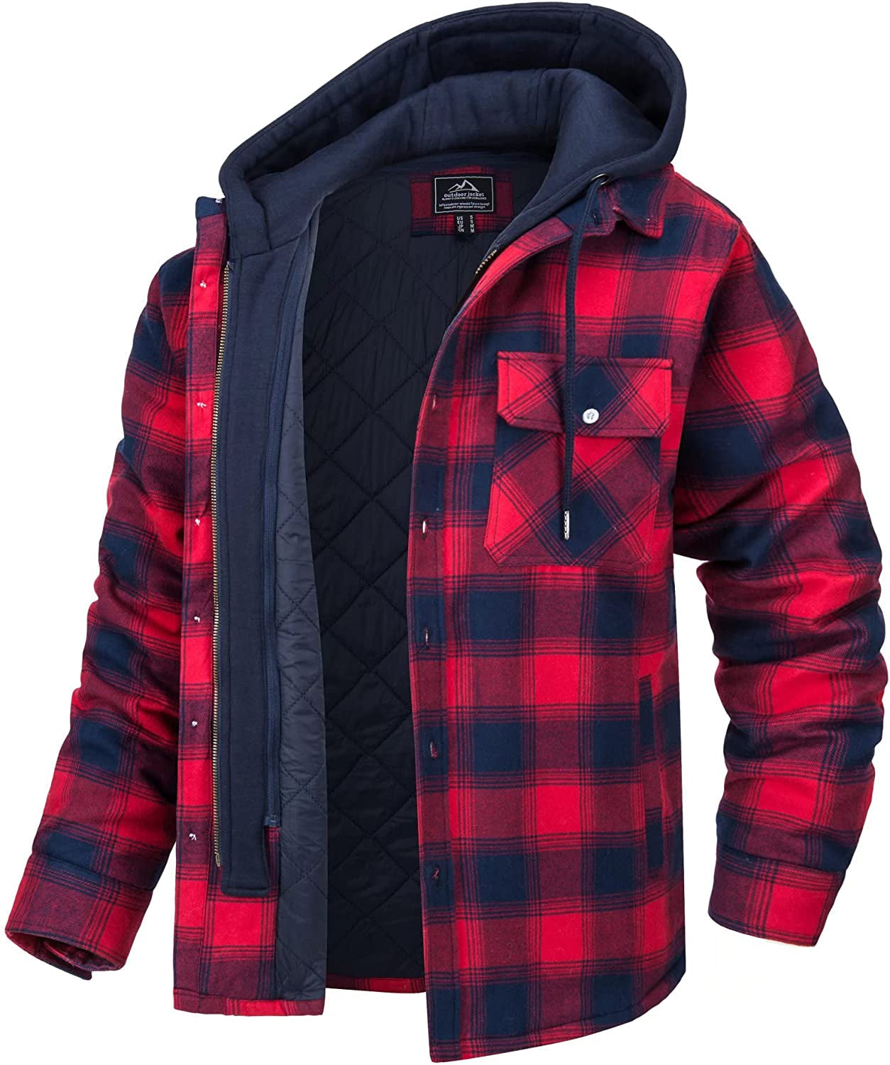 Men's plaid shirt jacket relaxed fit with flannel quilted lining and detachable hood for outdoor wear