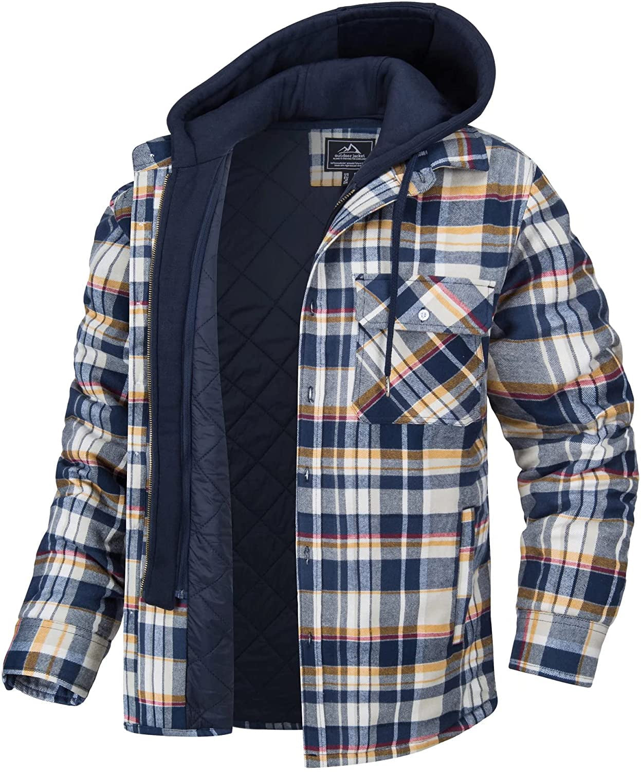 Men's plaid shirt jacket with flannel quilted lining, relaxed fit, detachable hood, outdoor casual wear