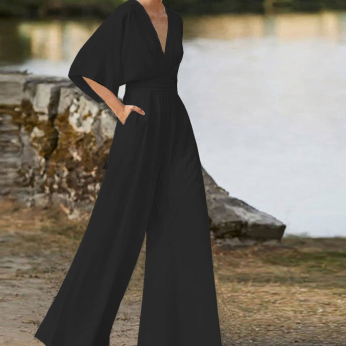 Lena black V-neck jumpsuit half sleeves flattering silhouette everyday elegant women