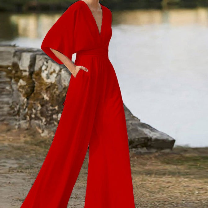 Lena women's black V-neck jumpsuit half sleeves flattering silhouette everyday elegant wear