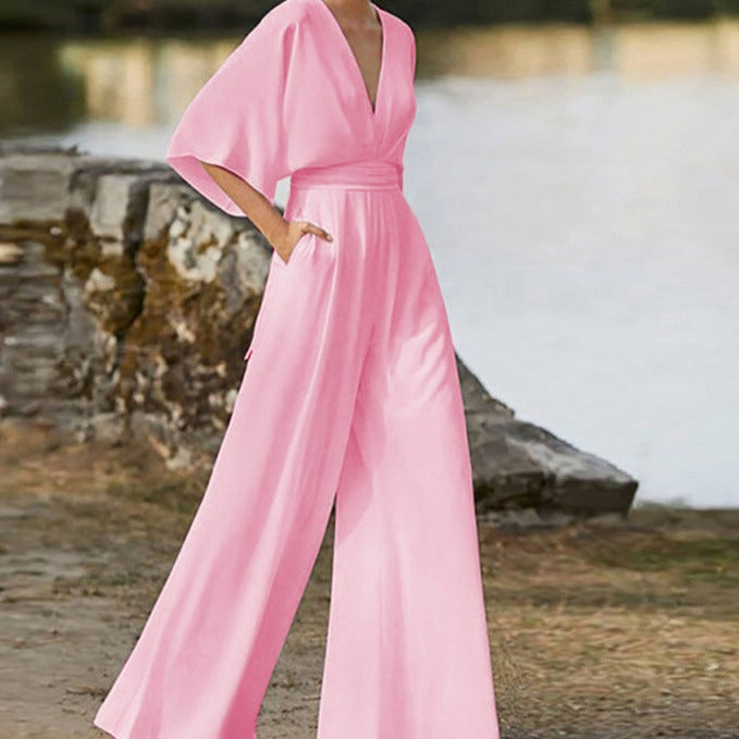 Lena women's black V-neck jumpsuit half sleeves flattering silhouette everyday elegant wear