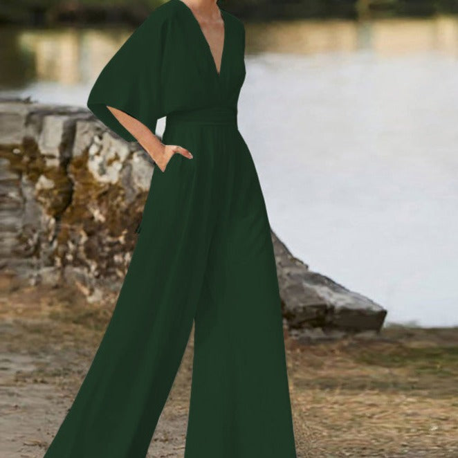 Women's Lena black V-neck jumpsuit half sleeves flattering silhouette everyday elegance
