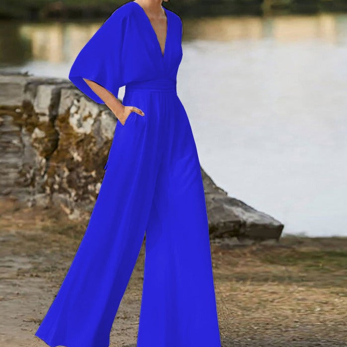 Lena women's black V-neck jumpsuit half sleeves flattering silhouette everyday elegant wear