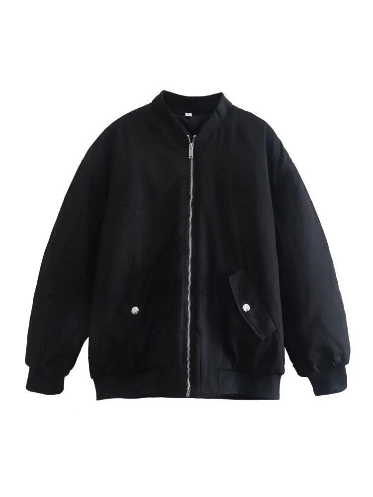 Women's plus size oversized bomber jacket in neutral tone with relaxed silhouette for all-season layering
