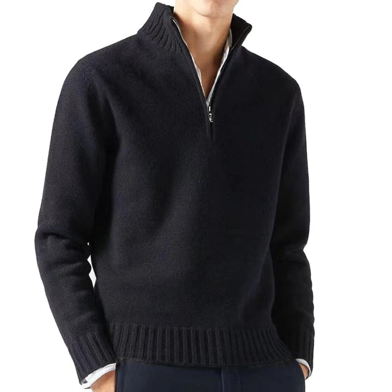Men's dark turtleneck zip-collar sweater, slim-fit autumn style in cashmere-blend fabric