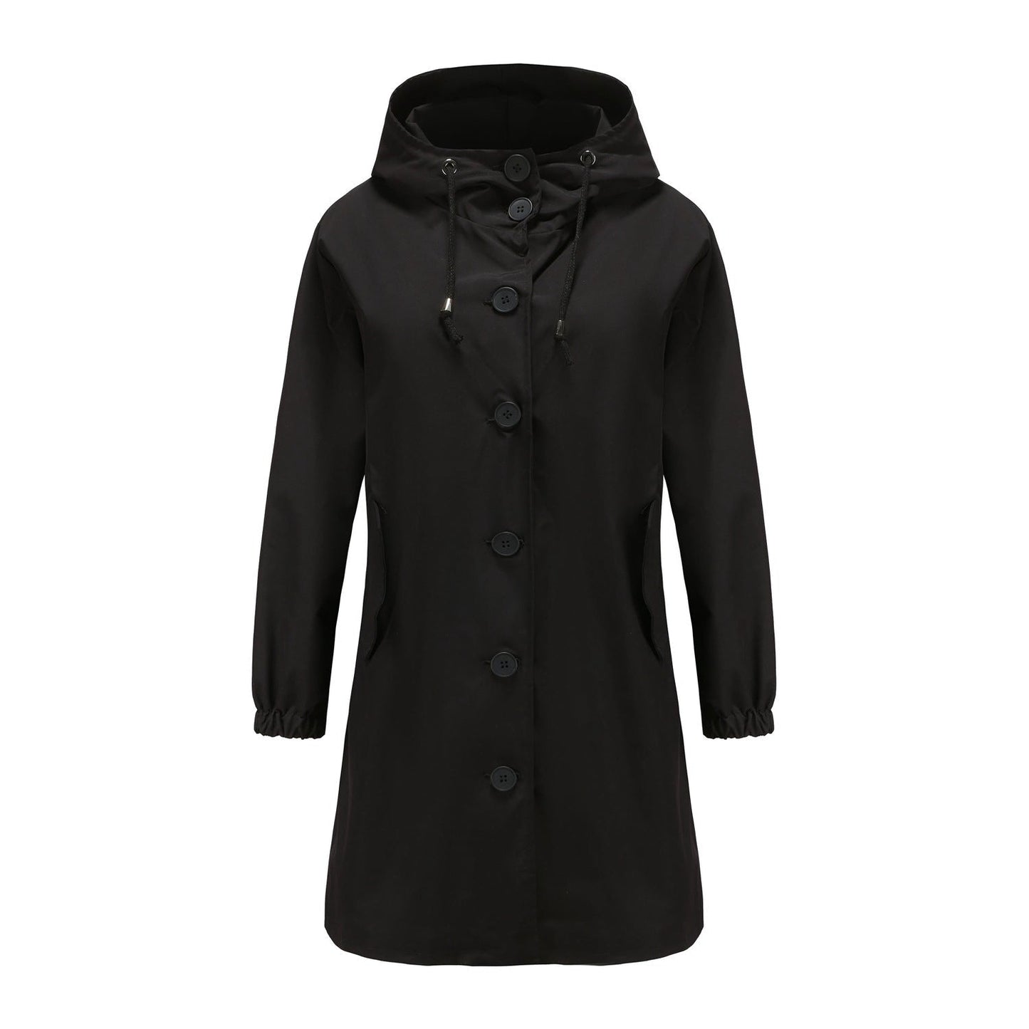 Women's navy hooded A-line nylon raincoat knee-length button-front with adjustable drawstring waist