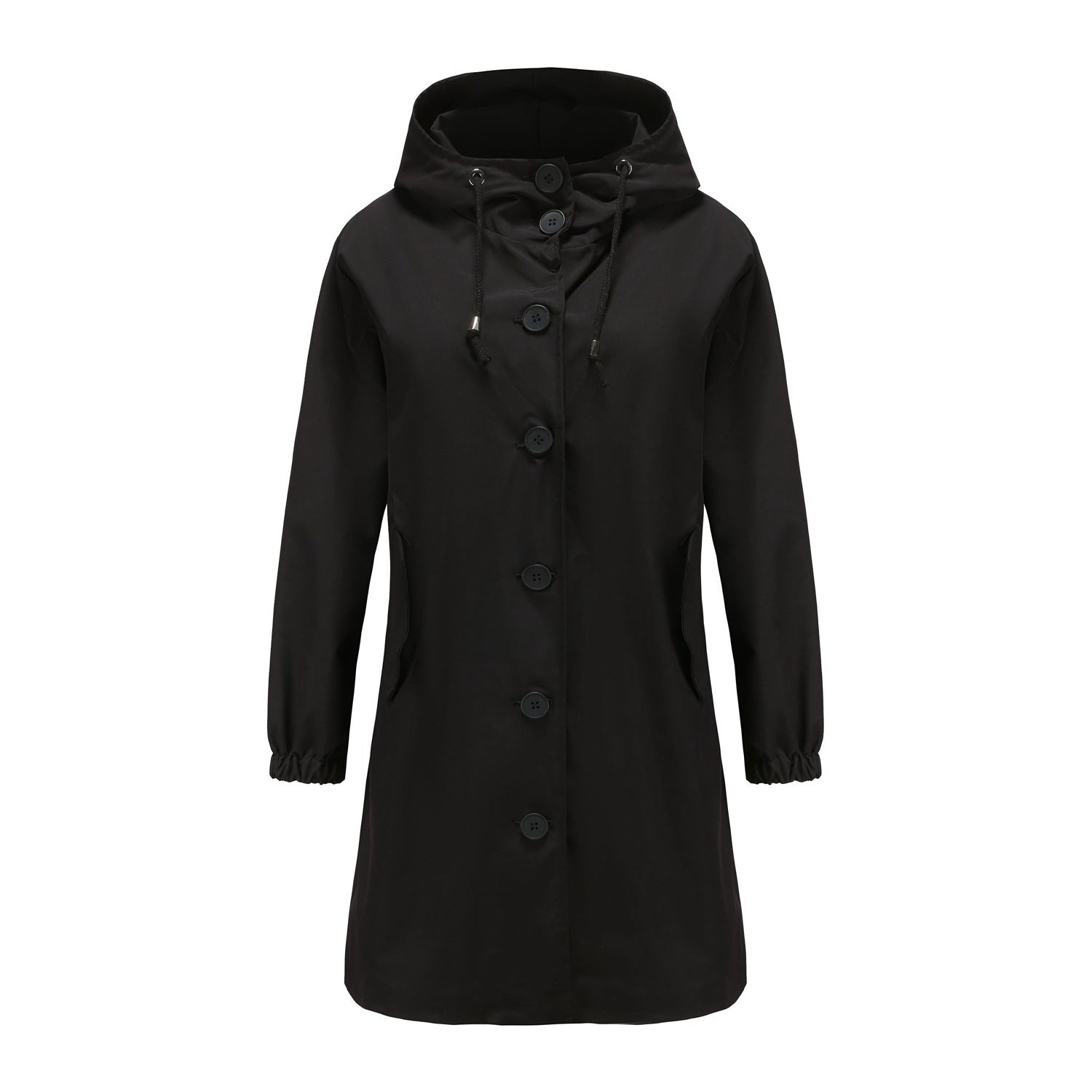 Women's waterproof rain jacket drawstring hood button-front all-season durable weatherproof coat