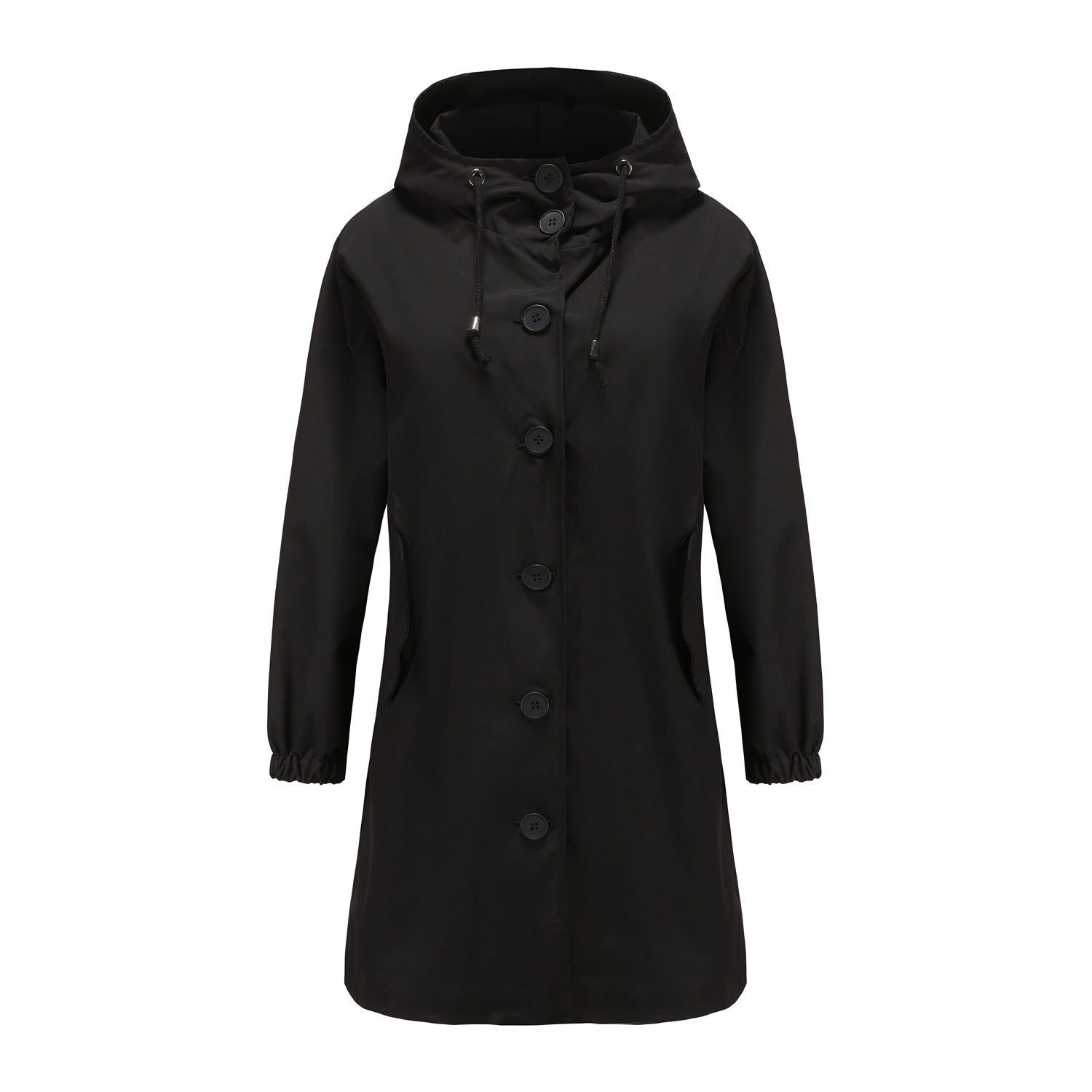 Women's waterproof rain jacket drawstring hood button-front all-season durable weatherproof coat