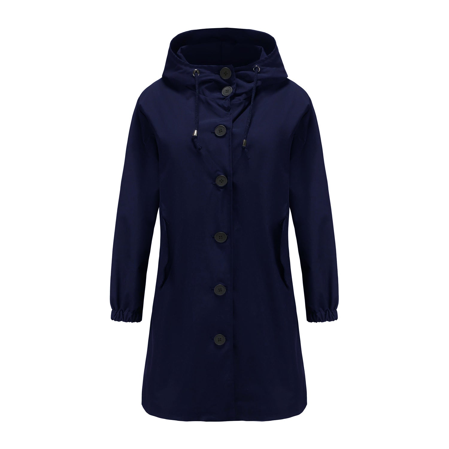 Women's olive green hooded A-line nylon raincoat knee-length with button front and drawstring waist