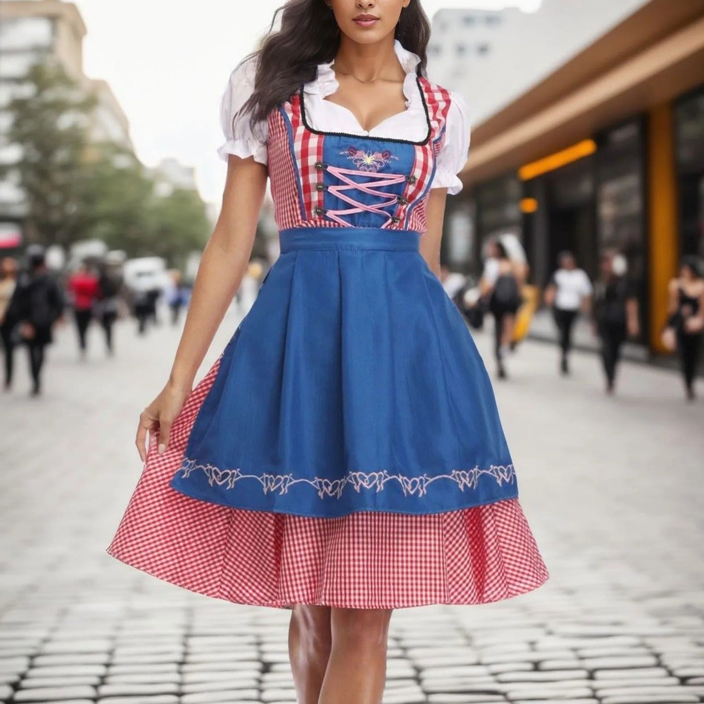 Red check dirndl dress navy apron corset lacing white puff sleeves traditional Bavarian Oktoberfest style