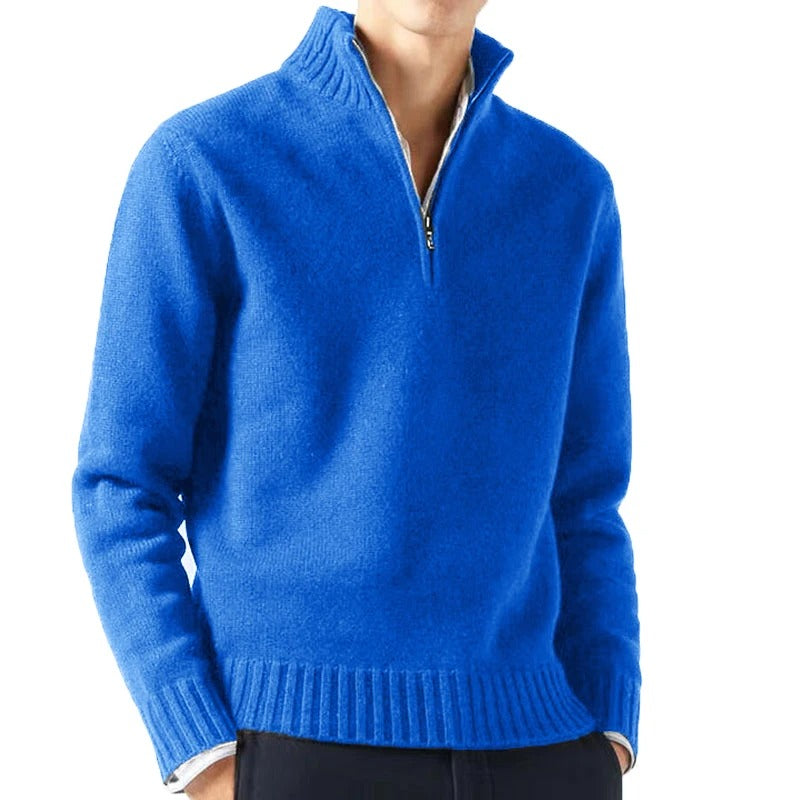 Men's dark turtleneck zip-collar sweater, slim-fit autumn style in cashmere-blend fabric