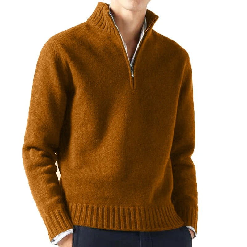 Men's dark turtleneck zip-collar sweater in slim fit, cashmere-blend knit for autumn layering