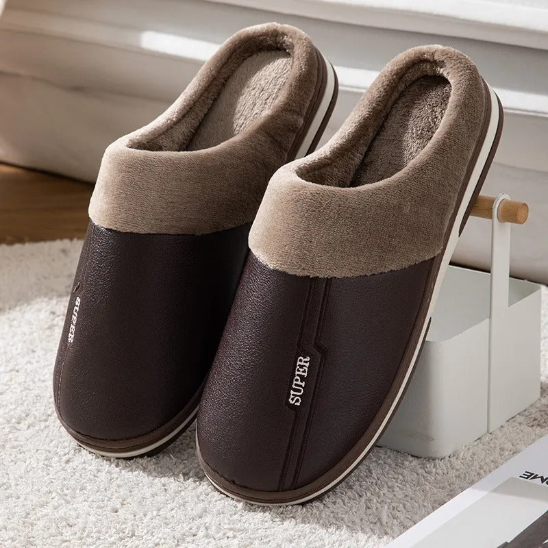 Men's brown PU leather winter slippers thick anti-slip sole warm cotton lining casual lounge style