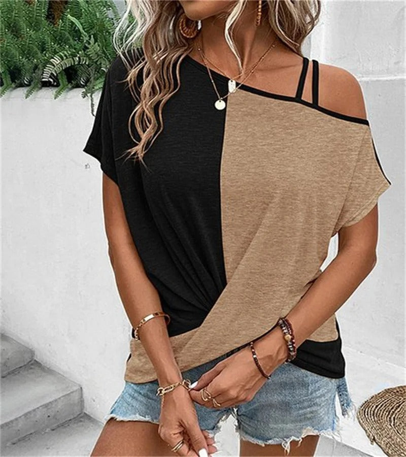 Vero asymmetric colourblock women's t-shirt open shoulders twisted hem soft cotton blend