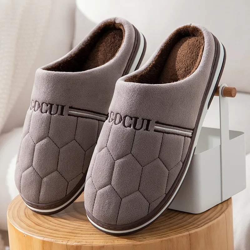 Men's brown PU leather winter slippers thick anti-slip sole warm cotton lining casual loafer style
