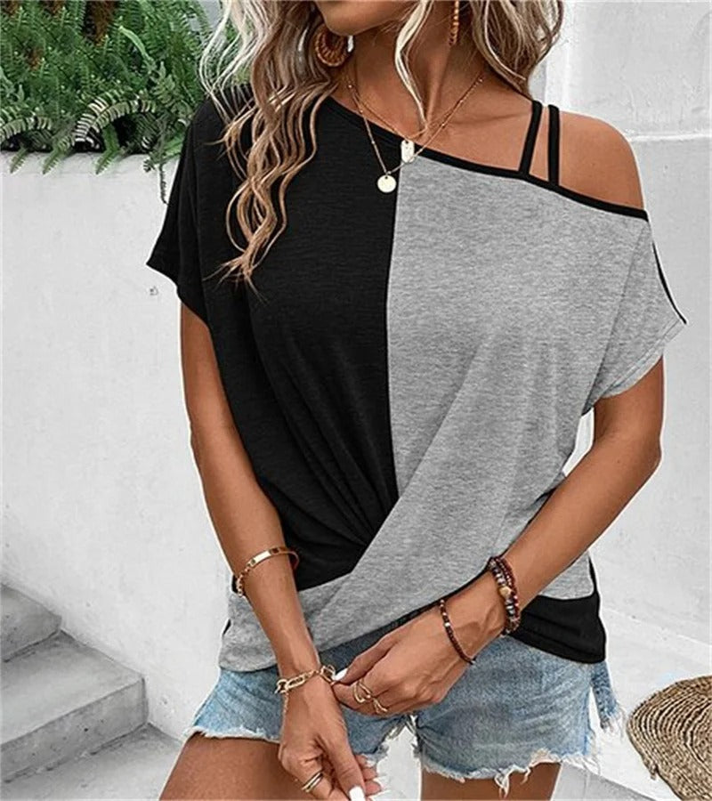 Vero asymmetric colourblock women's t-shirt open shoulders twisted hem soft cotton blend