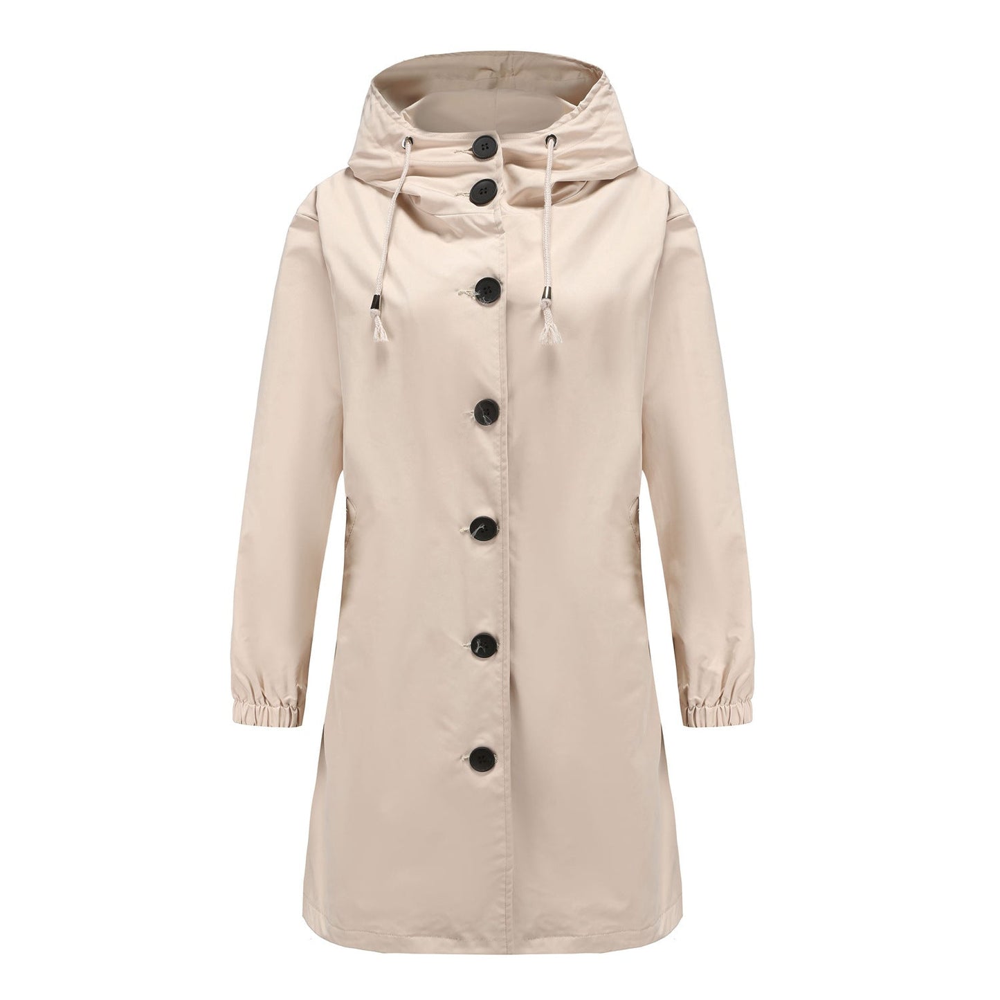Women's waterproof rain jacket drawstring hood button-front all-season weatherproof outdoor coat