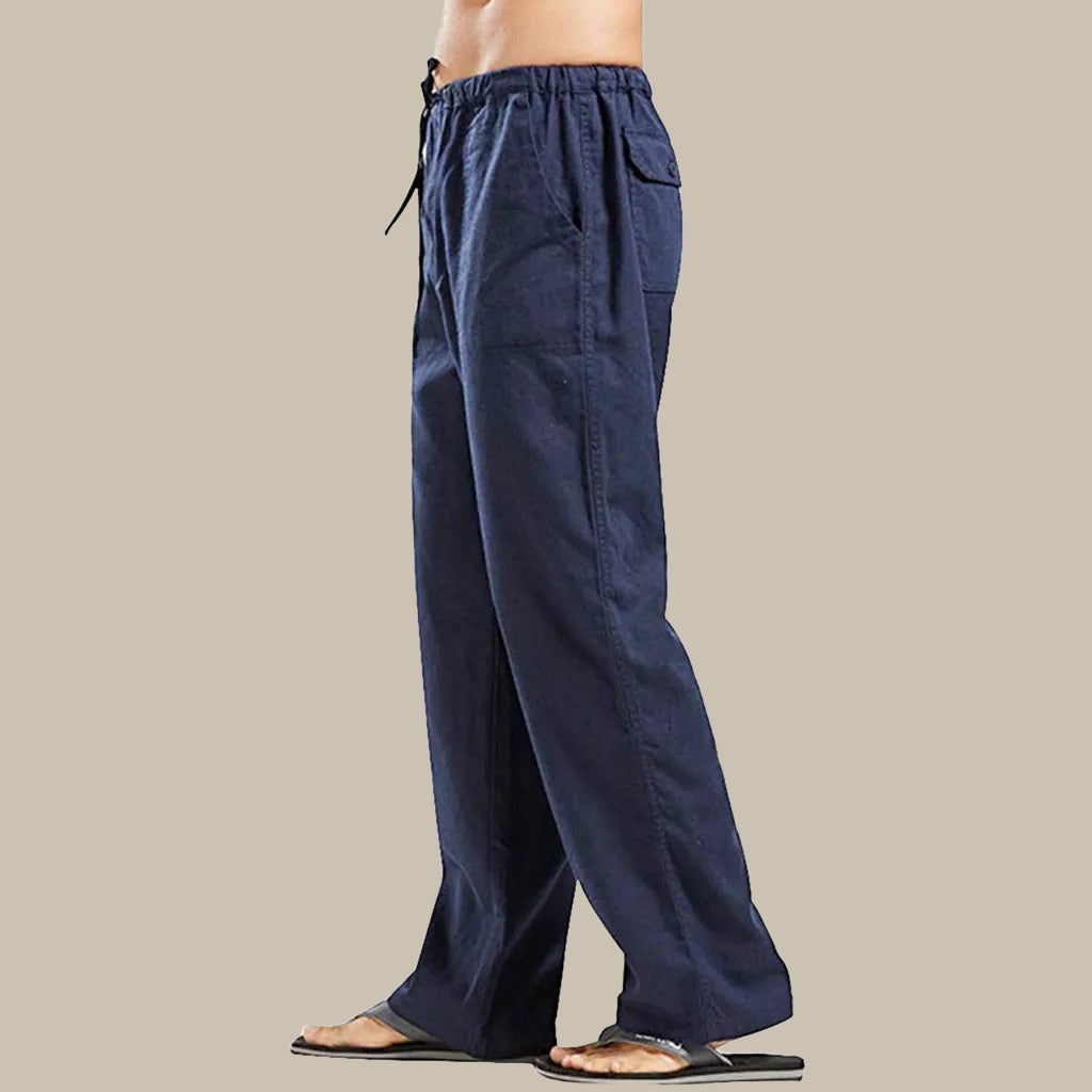 Men's beige linen pants elegant relaxed fit breathable summer trousers with polished drape
