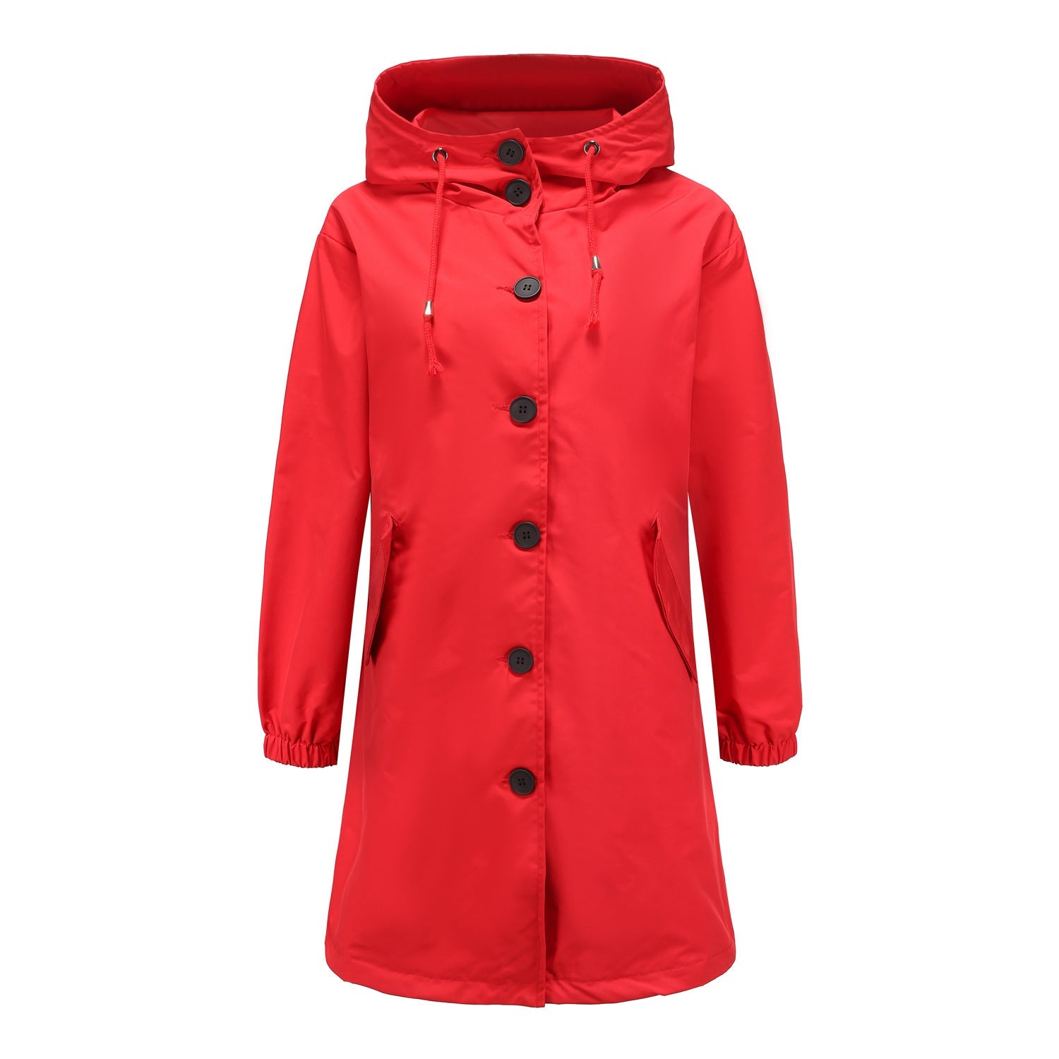 Women's navy hooded A-line nylon raincoat knee-length with button front and adjustable drawstring