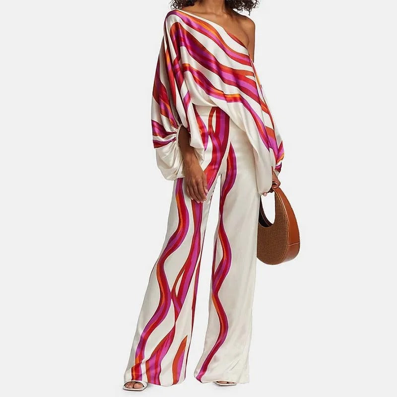 Wave | Women's Printed Two Piece Set Off Shoulder Top Wide Leg Pants