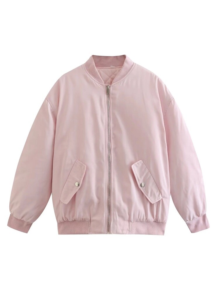 Women's plus size oversized bomber jacket in neutral tone, relaxed silhouette with ribbed cuffs