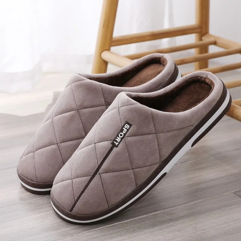 Men's brown PU leather winter slippers thick anti-slip sole warm cotton lining casual home footwear