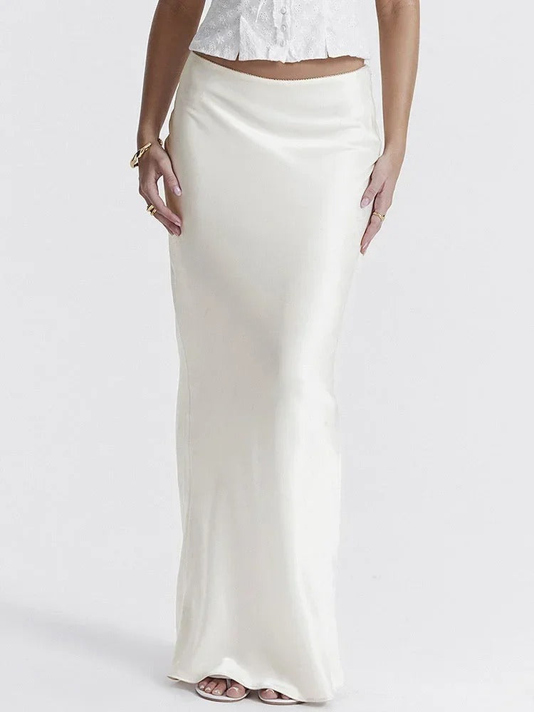 Women's long satin skirt elegant tailored waist luxurious smooth drape refined silhouette
