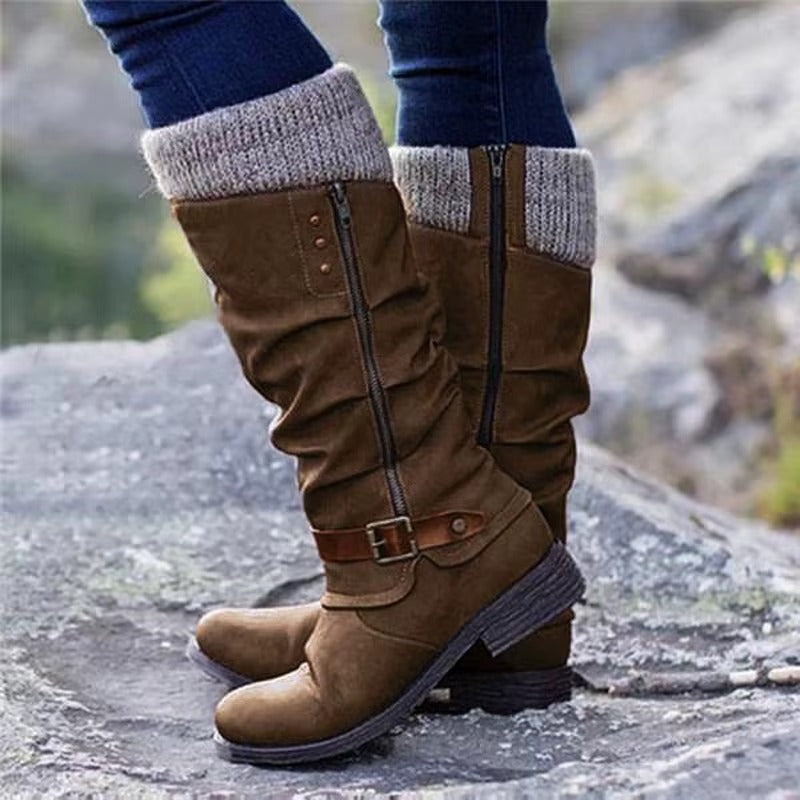 Women's knee-high slouch boots faux leather knit cuff non-slip rubber soles autumn style