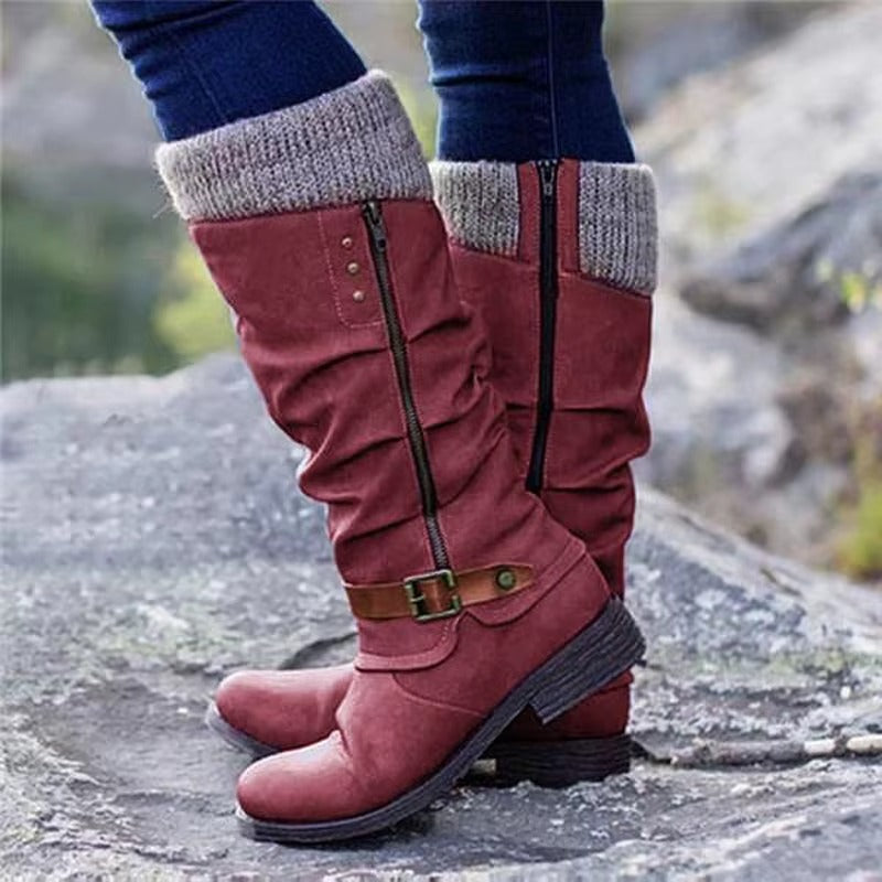 Women's knee-high faux leather slouch boots with knit cuff and non-slip rubber soles for autumn