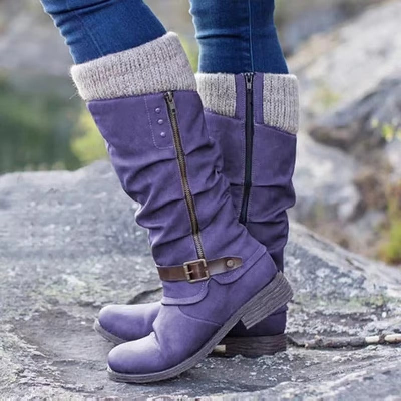 Women's knee-high slouch boots faux leather knit cuff non-slip rubber soles autumn style