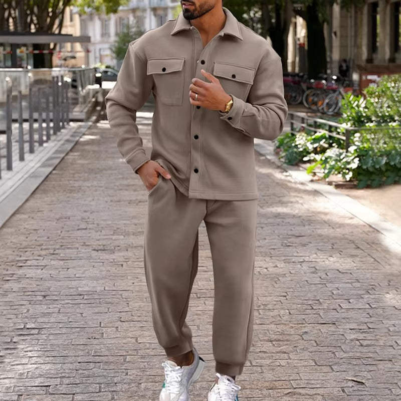 Men's suede cargo two-piece jacket and pants set, rugged multi-pocket design for autumn winter