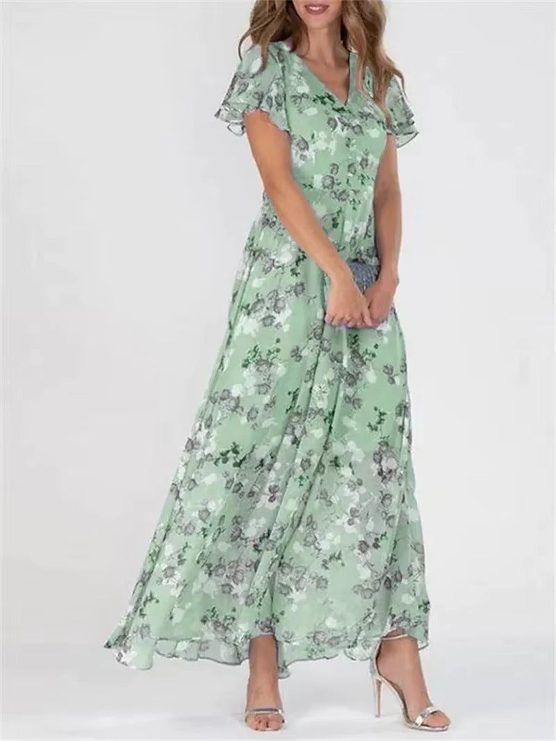 Women's floral high waist dress with V-neck, ruffle sleeves, and lightweight feminine silhouette