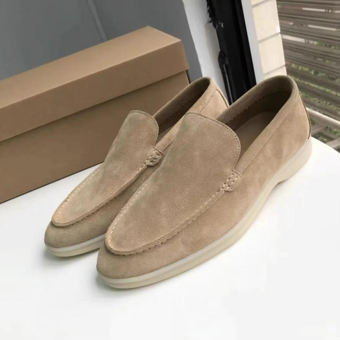 Men's genuine leather white slip-on loafers with cushioned comfort sole for everyday style