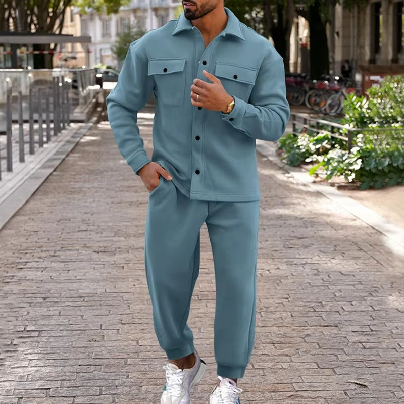 Men's suede cargo two-piece jacket and pants set, rugged multi-pocket design for autumn winter