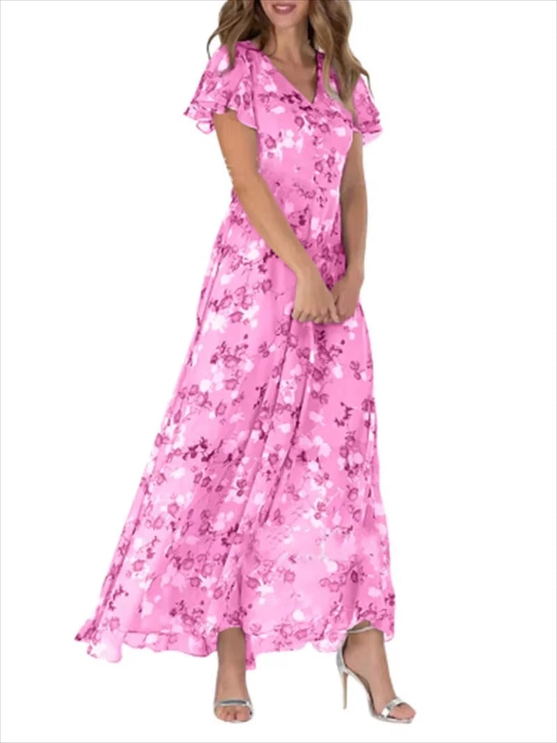 Women's floral high waist dress with V-neck, ruffle sleeves, and lightweight breathable fabric