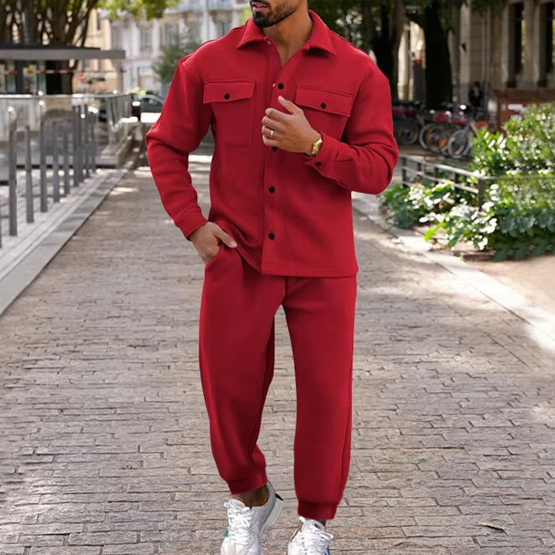 Men's suede cargo two-piece set jacket and pants autumn winter multi-pocket rugged utility outfit