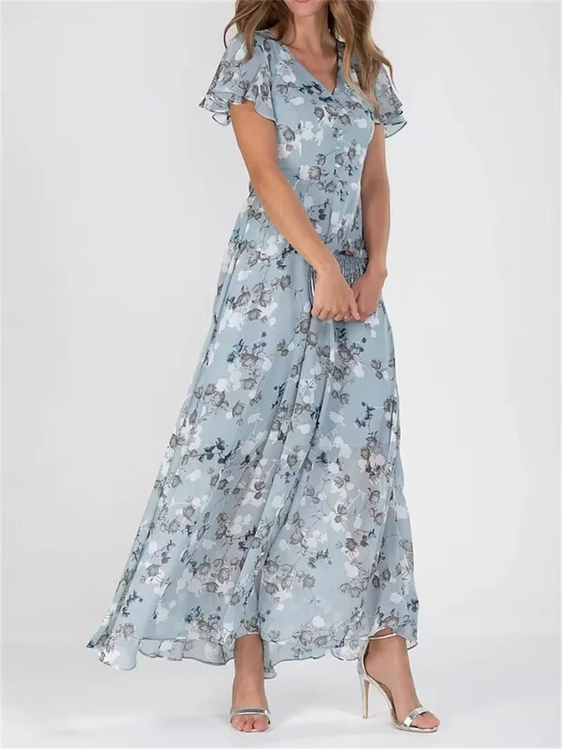 Women's floral high waist dress with V-neck, ruffle sleeves, and delicate feminine print in lightweight fabric