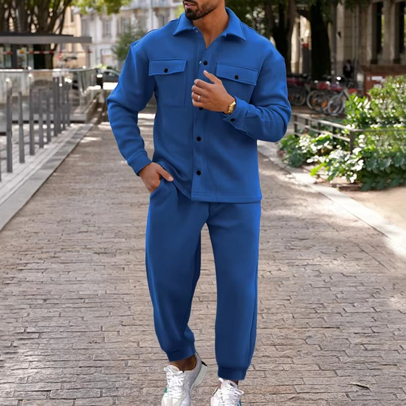 Men's suede cargo jacket and pants set, rugged multi-pocket two-piece autumn winter outfit