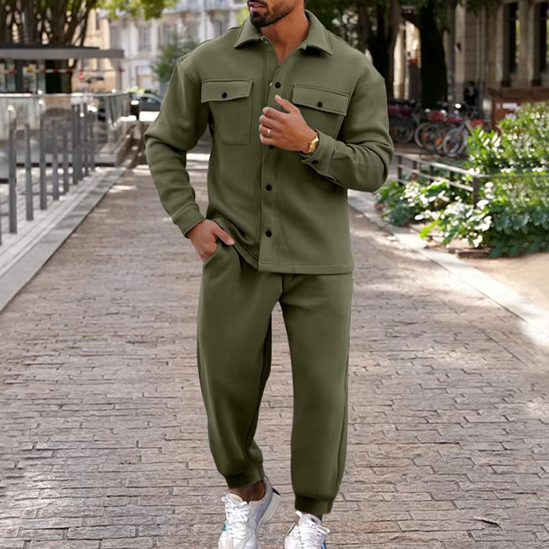 Men's suede cargo jacket and pants set, rugged multi-pocket two-piece outfit for autumn winter