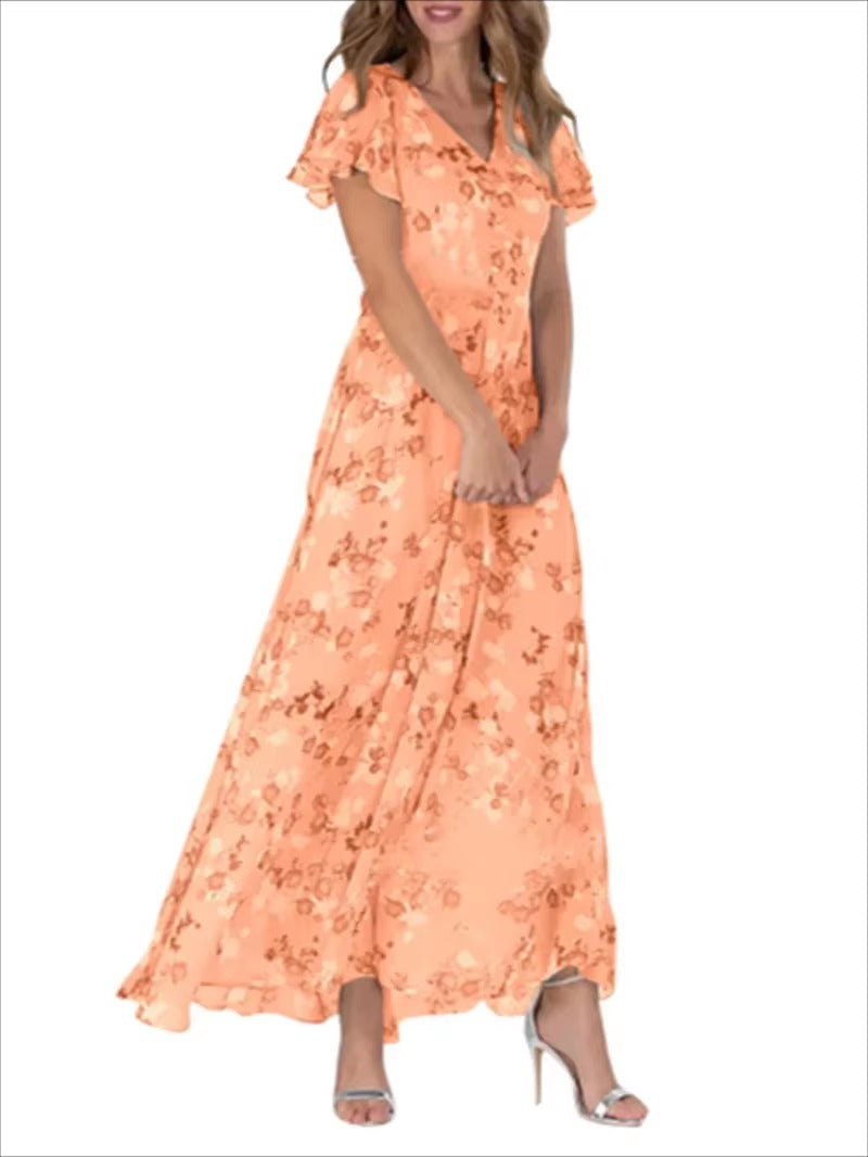 Women's floral high waist dress with V-neck, ruffle sleeves, and lightweight breathable polyester blend