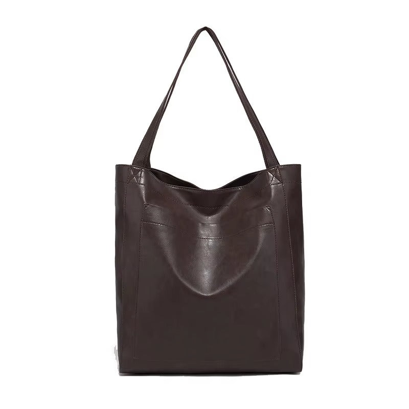 Retro faux leather tote bag large capacity smooth soft-touch finish versatile shoulder bag for women