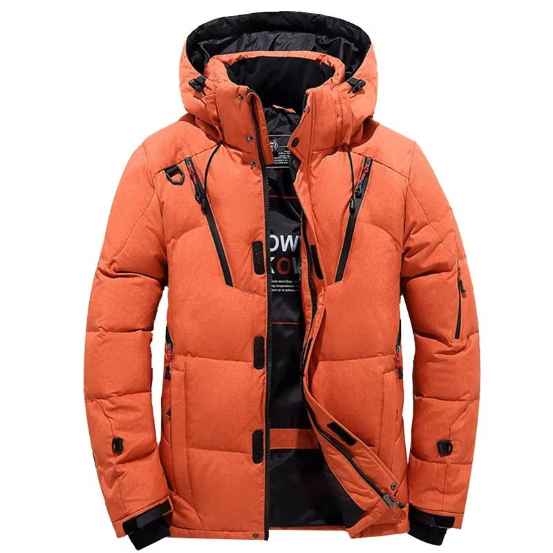 Men's black hooded down parka with white duck down insulation for extreme -20°F cold weather