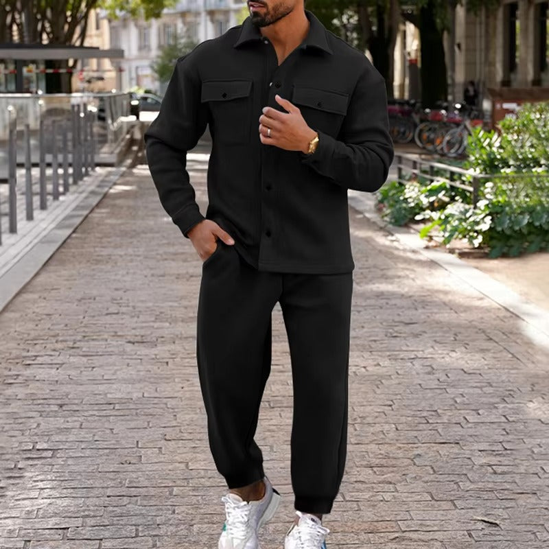 Men's suede cargo two-piece jacket and pants set, rugged multi-pocket design for autumn winter