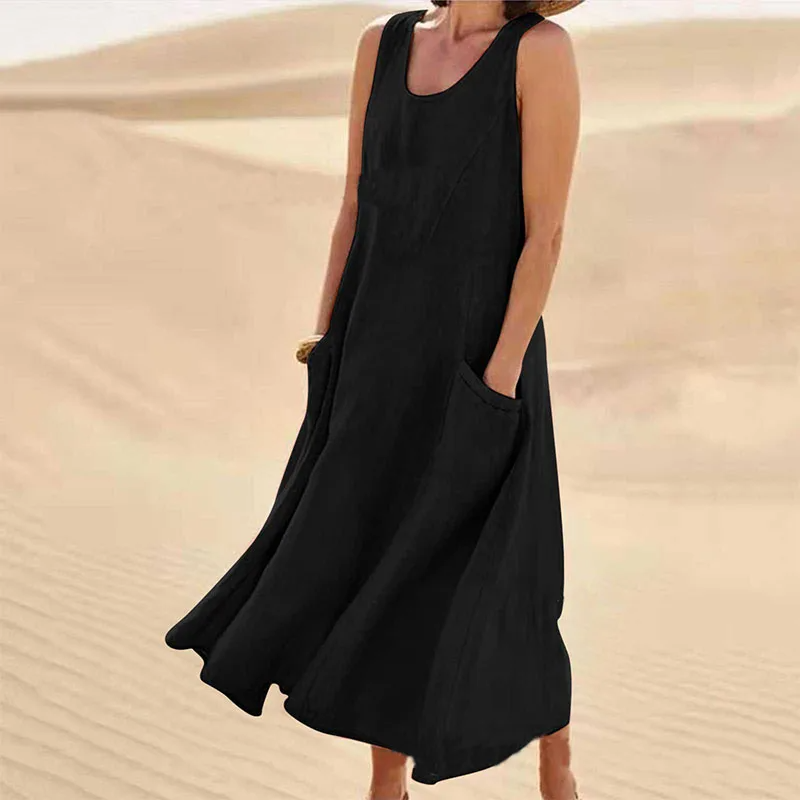Women's beige relaxed summer dress with pockets, breathable fabric, casual beach silhouette