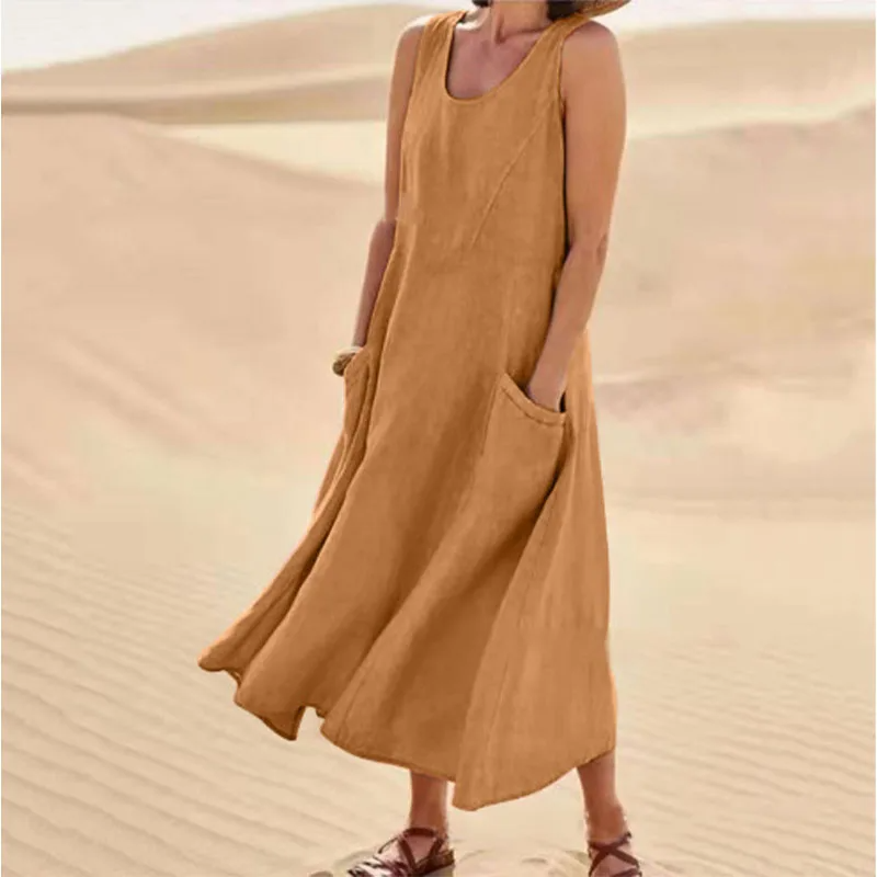 Women's beige relaxed summer dress with pockets, breathable airy fabric for beach days