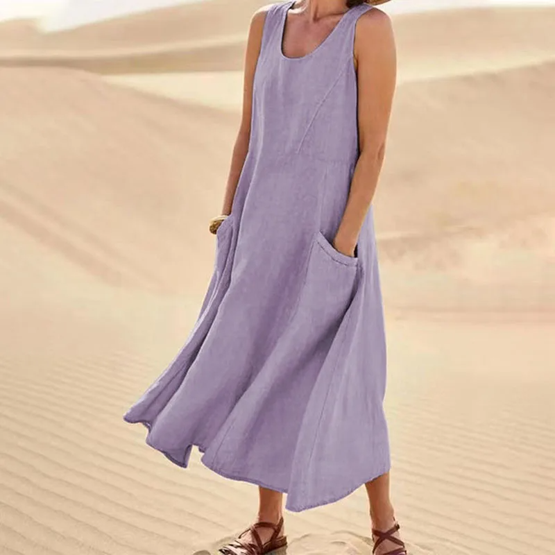 Women's beige relaxed summer dress with pockets, breathable fabric, casual beach silhouette